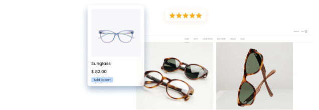 Ecommerce eyewear product listing with mobile 'Add to cart' card and 5-star rating